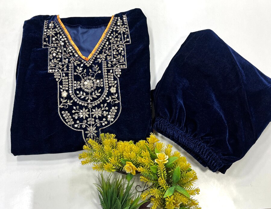 FASHIONABLE VELVET SEQUENCE EMBROIDERY WORK KURTI WITH PALAZZO