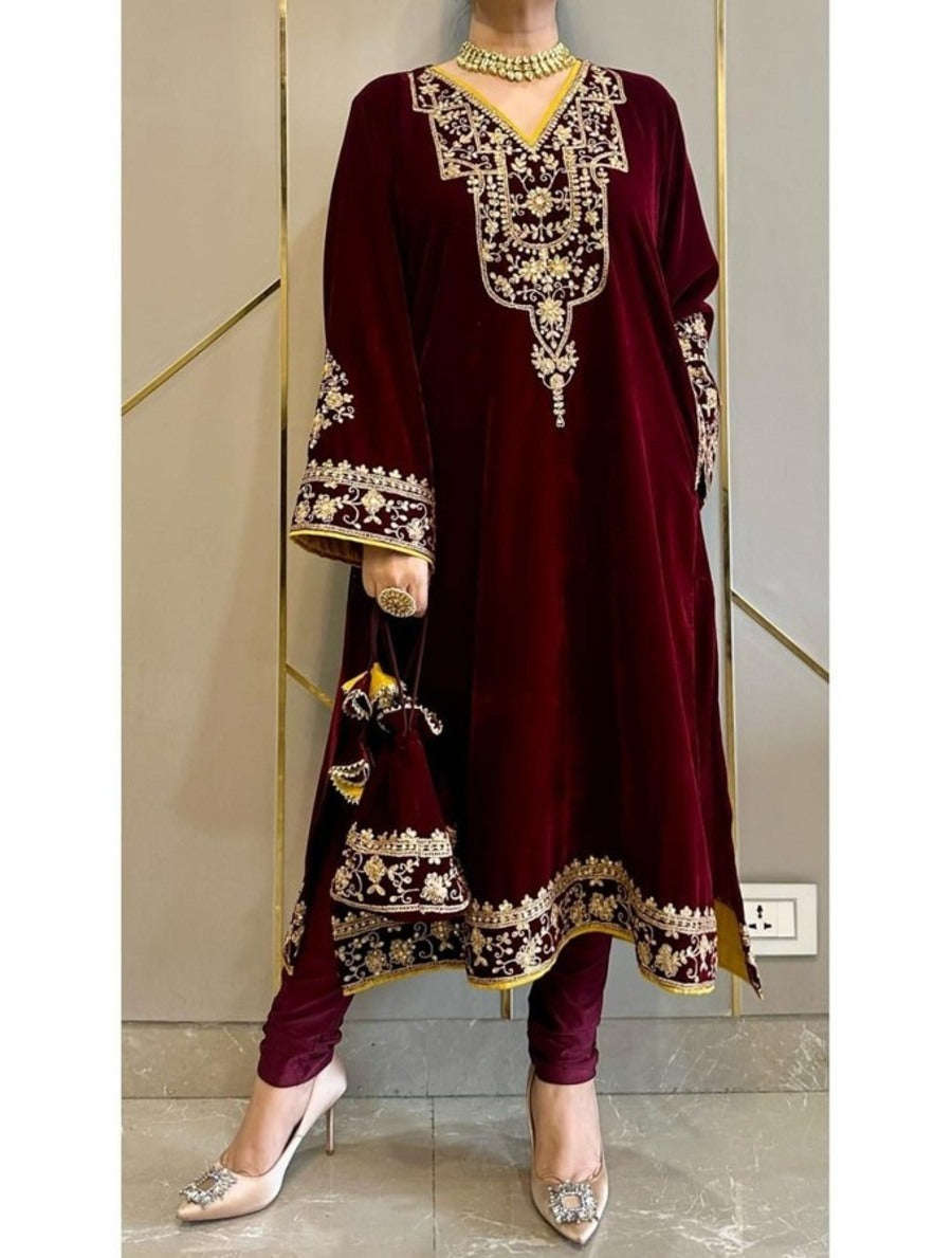 FASHIONABLE VELVET SEQUENCE EMBROIDERY WORK KURTI WITH PALAZZO