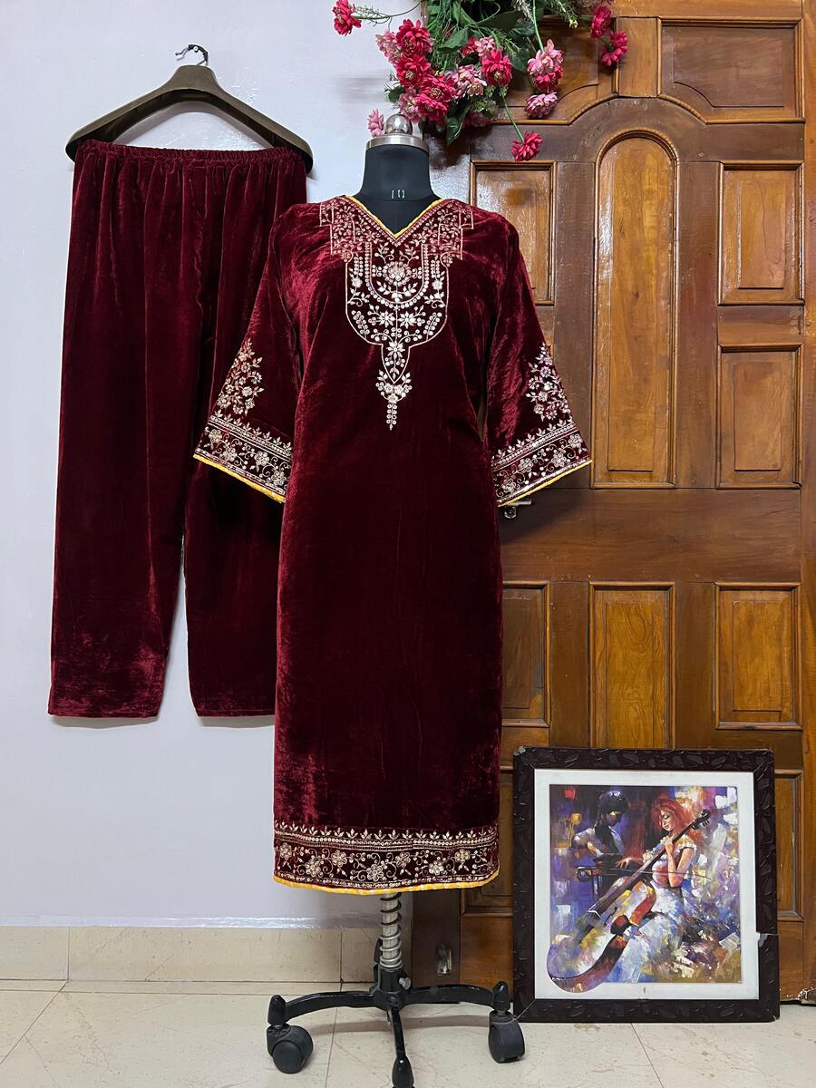 FASHIONABLE VELVET SEQUENCE EMBROIDERY WORK KURTI WITH PALAZZO