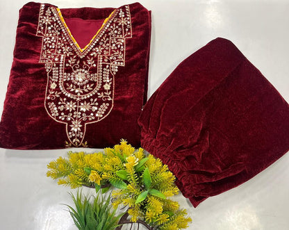 FASHIONABLE VELVET SEQUENCE EMBROIDERY WORK KURTI WITH PALAZZO