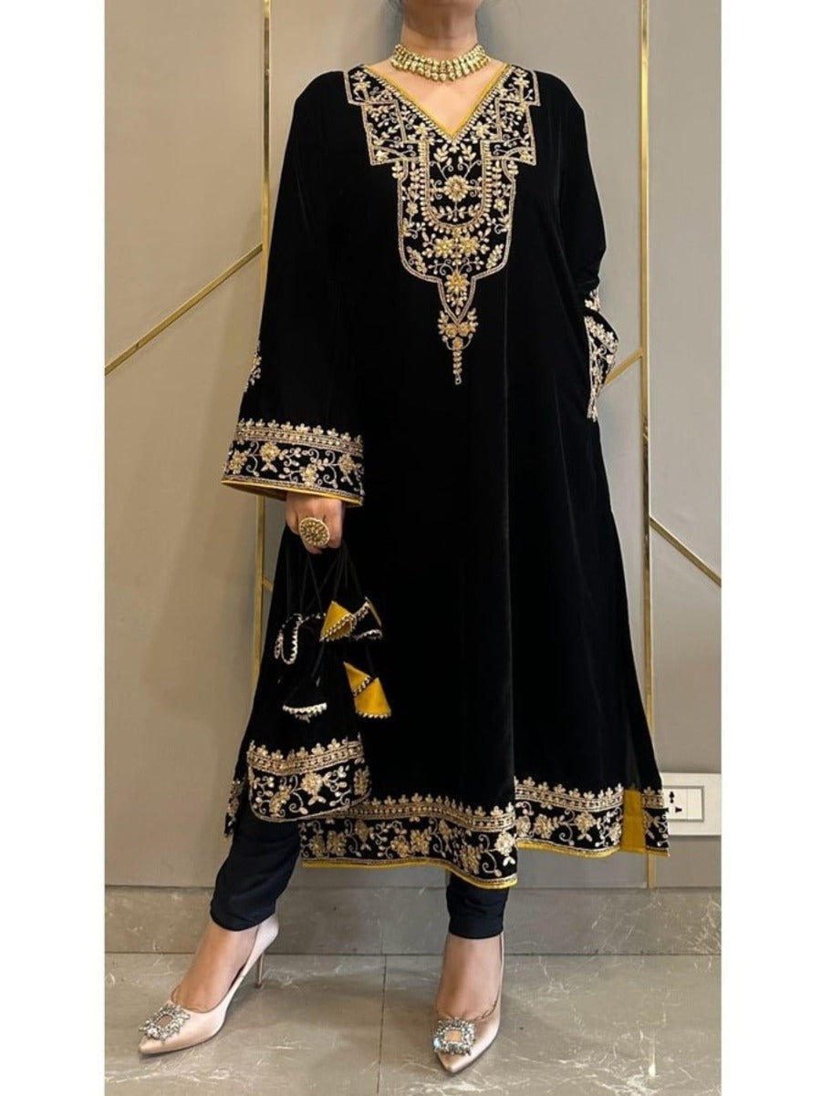 FASHIONABLE VELVET SEQUENCE EMBROIDERY WORK KURTI WITH PALAZZO