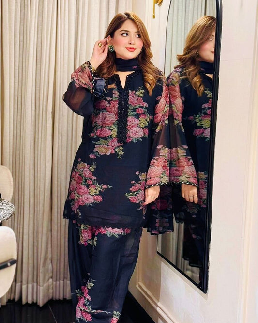 GORGEOUS GEORGETTE DIGITAL PRINT WORK TOP PALAZZO WITH DUPATTA BLACK