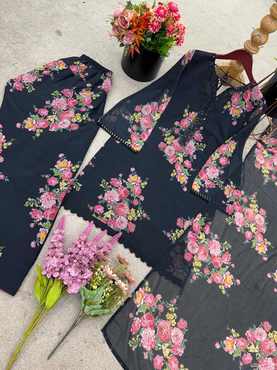 GORGEOUS GEORGETTE DIGITAL PRINT WORK TOP PALAZZO WITH DUPATTA BLACK