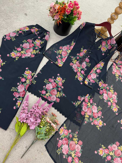 GORGEOUS GEORGETTE DIGITAL PRINT WORK TOP PALAZZO WITH DUPATTA BLACK