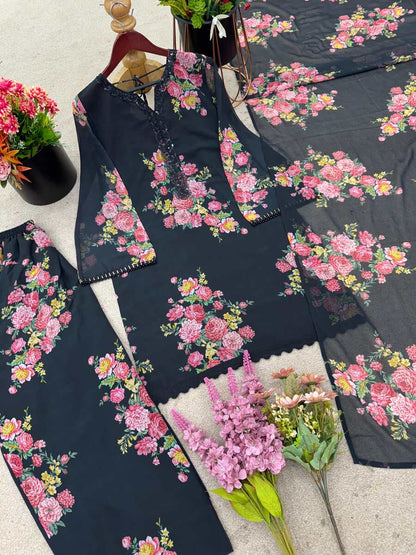 GORGEOUS GEORGETTE DIGITAL PRINT WORK TOP PALAZZO WITH DUPATTA BLACK