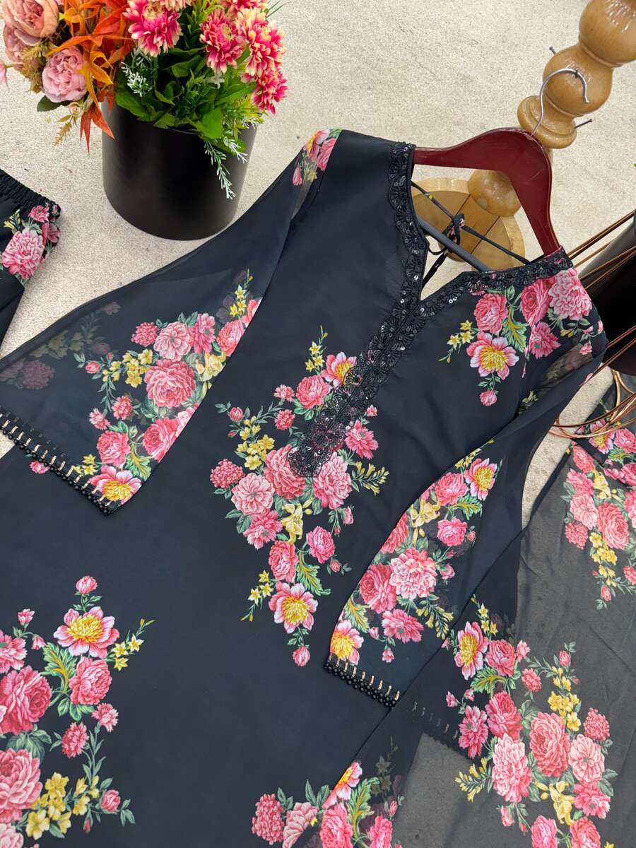GORGEOUS GEORGETTE DIGITAL PRINT WORK TOP PALAZZO WITH DUPATTA BLACK