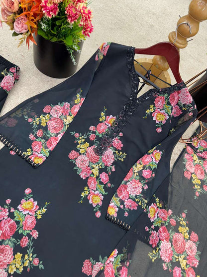 GORGEOUS GEORGETTE DIGITAL PRINT WORK TOP PALAZZO WITH DUPATTA BLACK