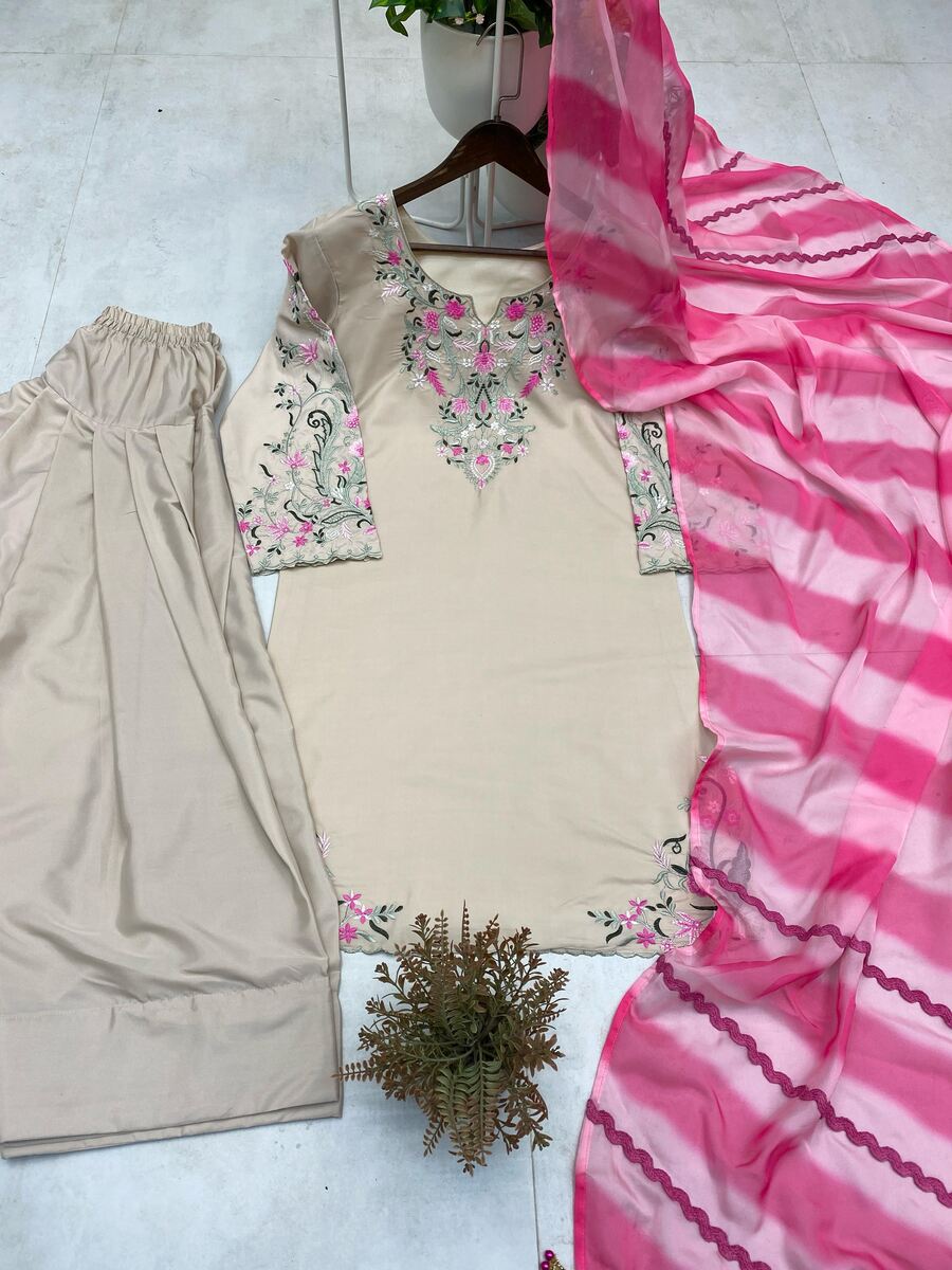 LATEST FRENCH CREEP EMBROIDERY WORK TOP SUIT WITH DUPATTA