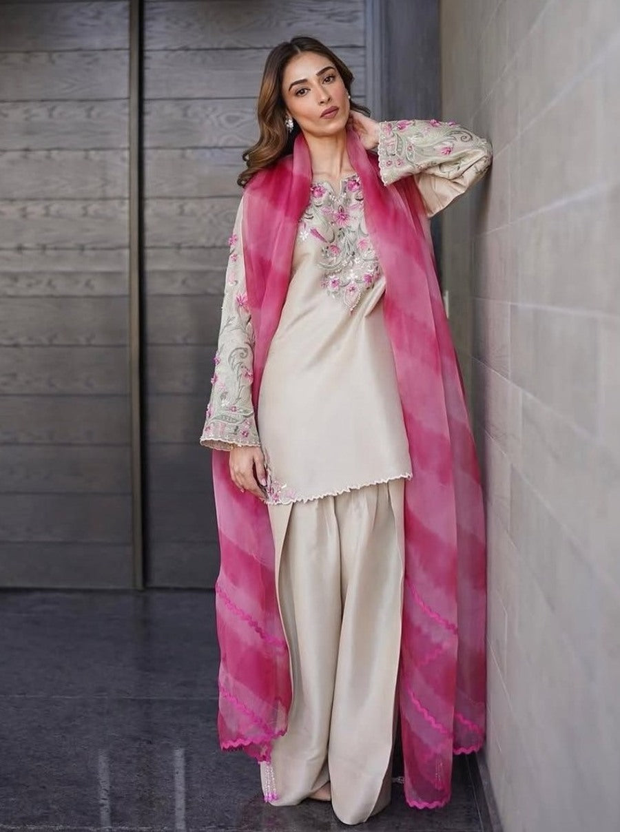 LATEST FRENCH CREEP EMBROIDERY WORK TOP SUIT WITH DUPATTA