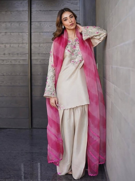 LATEST FRENCH CREEP EMBROIDERY WORK TOP SUIT WITH DUPATTA