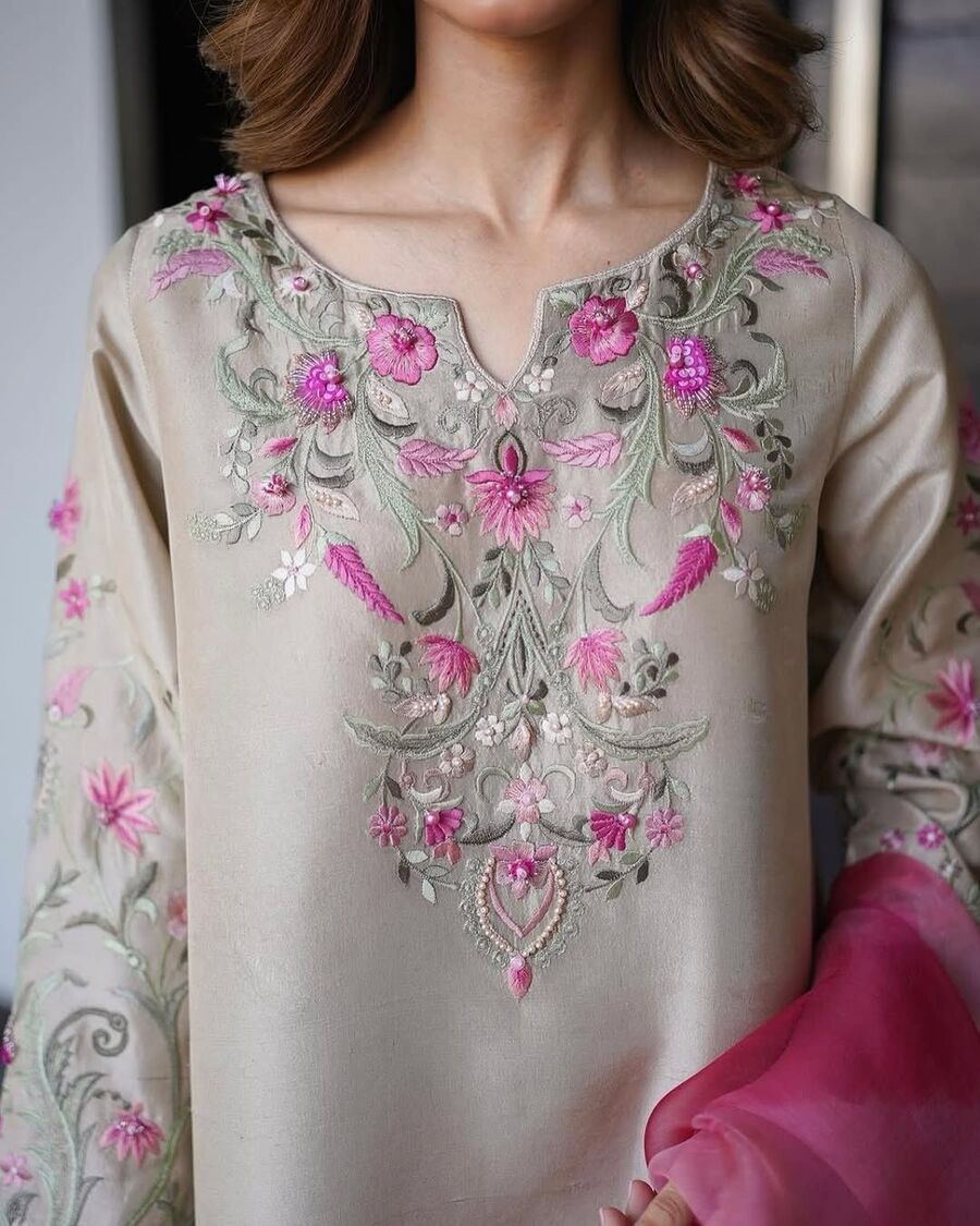 LATEST FRENCH CREEP EMBROIDERY WORK TOP SUIT WITH DUPATTA