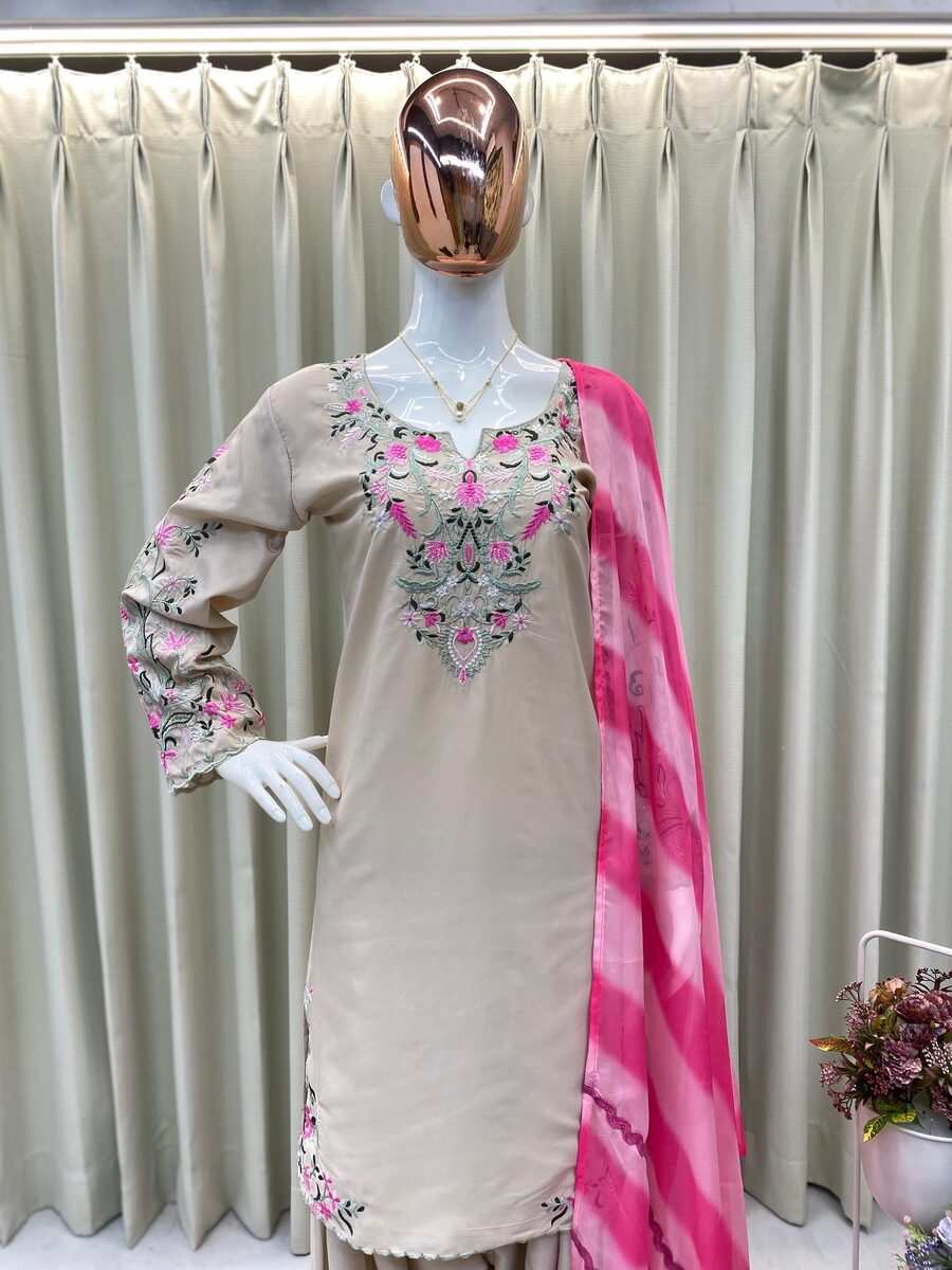 LATEST FRENCH CREEP EMBROIDERY WORK TOP SUIT WITH DUPATTA