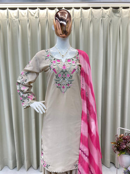 LATEST FRENCH CREEP EMBROIDERY WORK TOP SUIT WITH DUPATTA