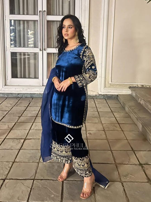 LATEST VELVET SEQUENCE EMBROIDERY WORK TOP PALAZZO WITH DUPATTA BLUE