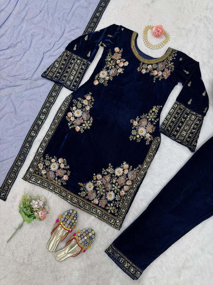 VELVET SEQUENCE EMBROIDERY WORK TOP BOTTOM WITH DUPATTA BLUE