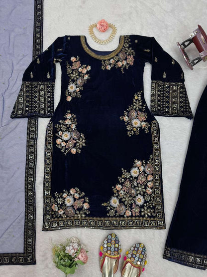 VELVET SEQUENCE EMBROIDERY WORK TOP BOTTOM WITH DUPATTA BLUE