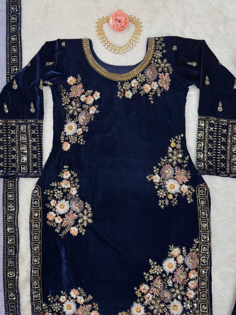 VELVET SEQUENCE EMBROIDERY WORK TOP BOTTOM WITH DUPATTA BLUE