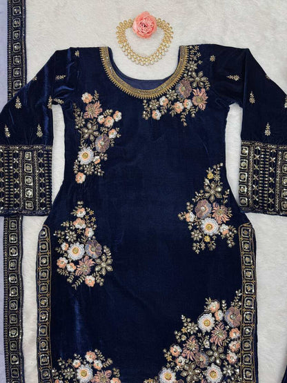 VELVET SEQUENCE EMBROIDERY WORK TOP BOTTOM WITH DUPATTA BLUE