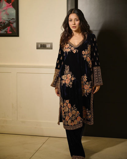 VELVET SEQUENCE EMBROIDERY WORK TOP BOTTOM WITH DUPATTA BLUE