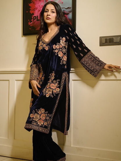 VELVET SEQUENCE EMBROIDERY WORK TOP BOTTOM WITH DUPATTA BLUE