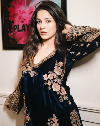 VELVET SEQUENCE EMBROIDERY WORK TOP BOTTOM WITH DUPATTA BLUE