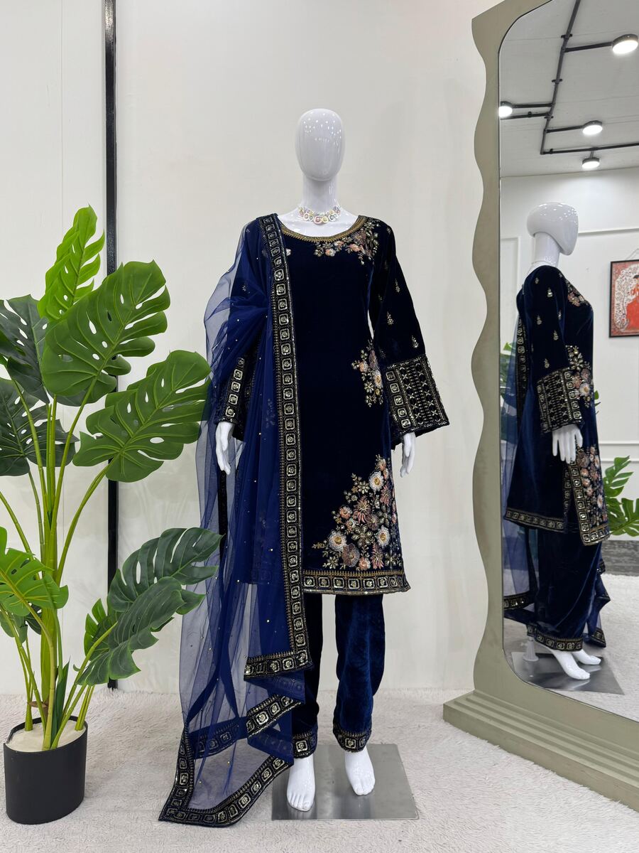 VELVET SEQUENCE EMBROIDERY WORK TOP BOTTOM WITH DUPATTA BLUE