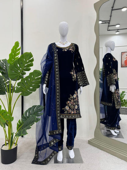 VELVET SEQUENCE EMBROIDERY WORK TOP BOTTOM WITH DUPATTA BLUE