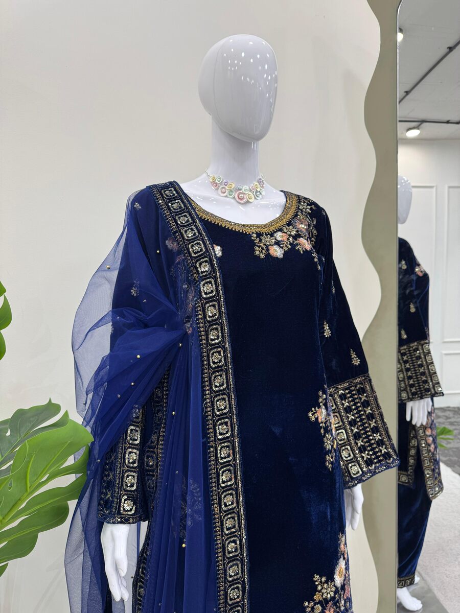 VELVET SEQUENCE EMBROIDERY WORK TOP BOTTOM WITH DUPATTA BLUE