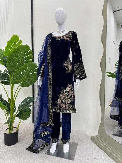VELVET SEQUENCE EMBROIDERY WORK TOP BOTTOM WITH DUPATTA BLUE