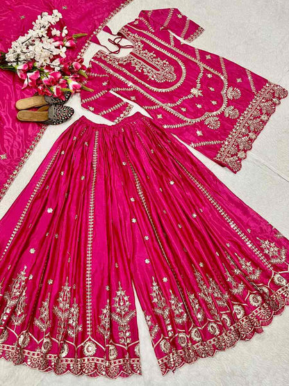 NEW ARRIVAL CHINON EMBROIDERY CODING SEQUENCE WORK TOP PALAZZO WITH DUPATTA