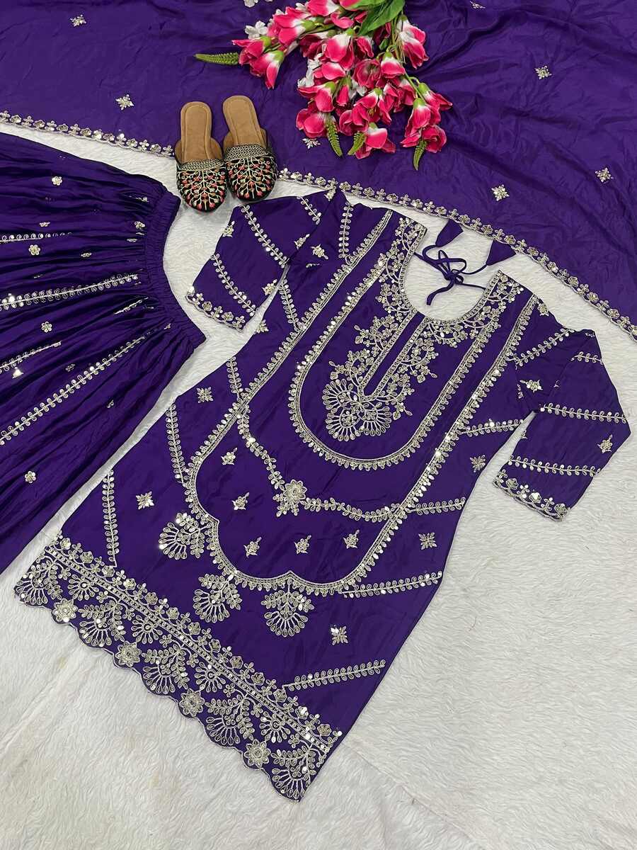 NEW ARRIVAL CHINON EMBROIDERY CODING SEQUENCE WORK TOP PALAZZO WITH DUPATTA