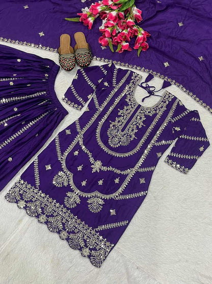 NEW ARRIVAL CHINON EMBROIDERY CODING SEQUENCE WORK TOP PALAZZO WITH DUPATTA