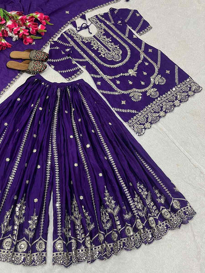 NEW ARRIVAL CHINON EMBROIDERY CODING SEQUENCE WORK TOP PALAZZO WITH DUPATTA