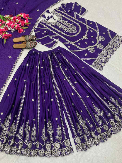 NEW ARRIVAL CHINON EMBROIDERY CODING SEQUENCE WORK TOP PALAZZO WITH DUPATTA