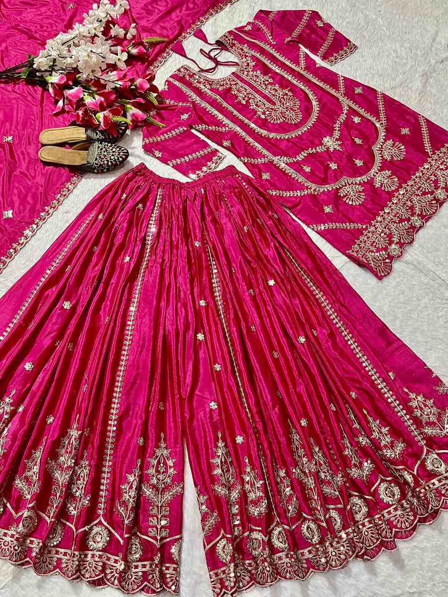 NEW ARRIVAL CHINON EMBROIDERY CODING SEQUENCE WORK TOP PALAZZO WITH DUPATTA