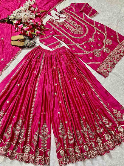 NEW ARRIVAL CHINON EMBROIDERY CODING SEQUENCE WORK TOP PALAZZO WITH DUPATTA
