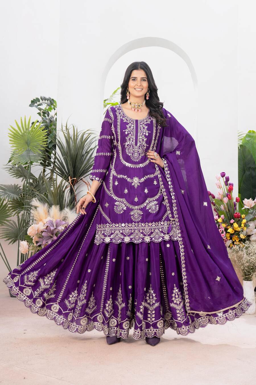 NEW ARRIVAL CHINON EMBROIDERY CODING SEQUENCE WORK TOP PALAZZO WITH DUPATTA