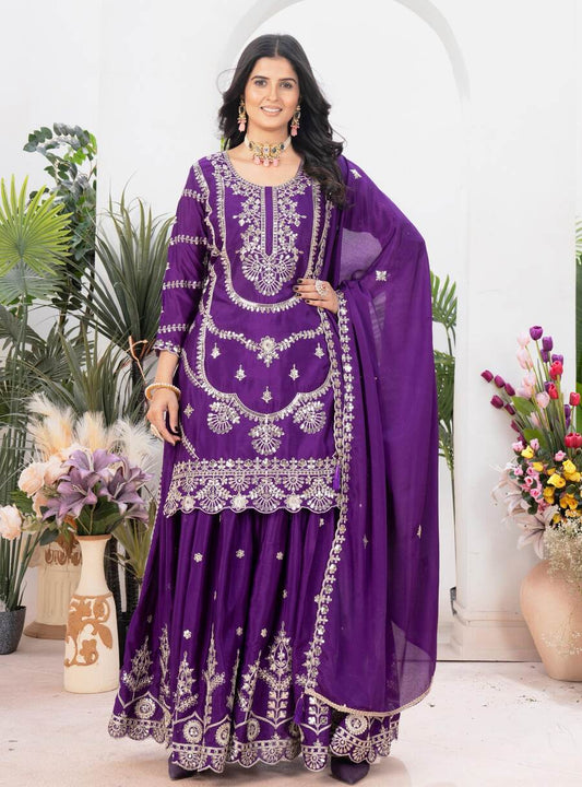 NEW ARRIVAL CHINON EMBROIDERY CODING SEQUENCE WORK TOP PALAZZO WITH DUPATTA