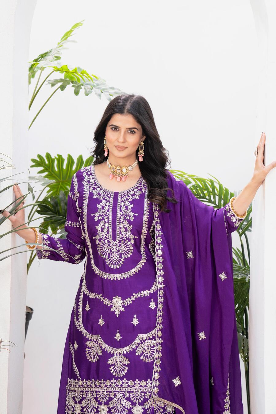 NEW ARRIVAL CHINON EMBROIDERY CODING SEQUENCE WORK TOP PALAZZO WITH DUPATTA