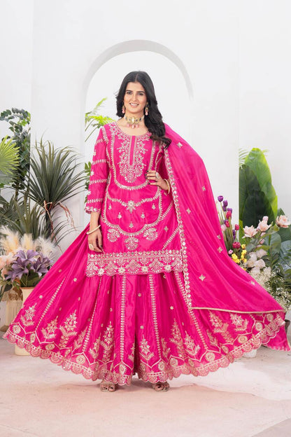 NEW ARRIVAL CHINON EMBROIDERY CODING SEQUENCE WORK TOP PALAZZO WITH DUPATTA