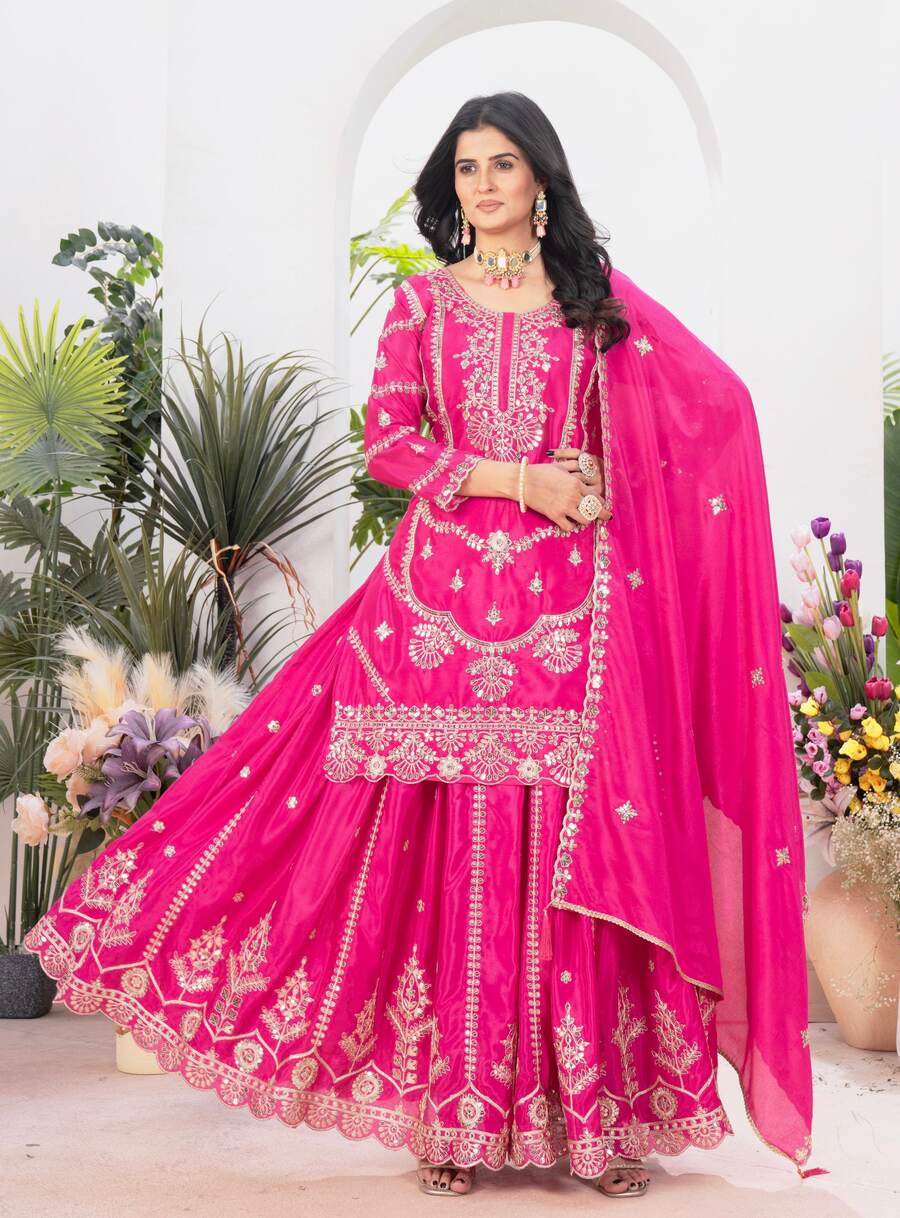 NEW ARRIVAL CHINON EMBROIDERY CODING SEQUENCE WORK TOP PALAZZO WITH DUPATTA