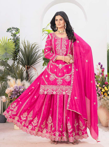 NEW ARRIVAL CHINON EMBROIDERY CODING SEQUENCE WORK TOP PALAZZO WITH DUPATTA