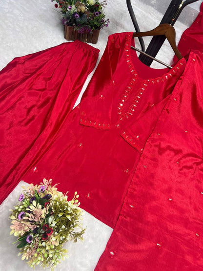 NEW ARRIVAL CHINON SILK EMBROIDERY SEQUENCE WORK Suit WITH DUPATTA RED