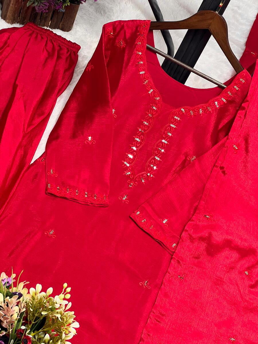 NEW ARRIVAL CHINON SILK EMBROIDERY SEQUENCE WORK Suit WITH DUPATTA RED