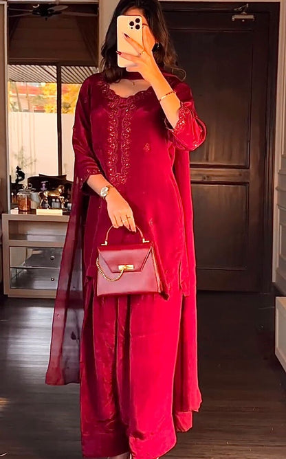 NEW ARRIVAL CHINON SILK EMBROIDERY SEQUENCE WORK Suit WITH DUPATTA RED