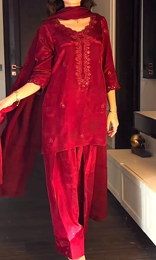 NEW ARRIVAL CHINON SILK EMBROIDERY SEQUENCE WORK Suit WITH DUPATTA RED