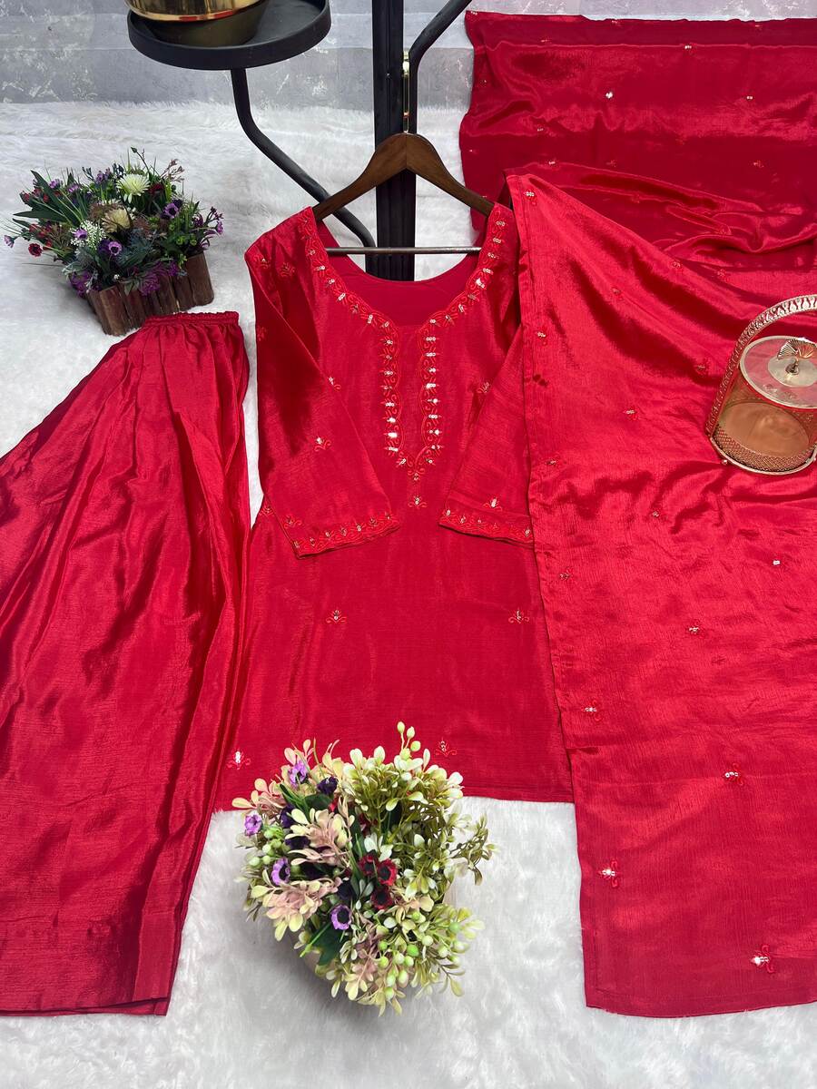 NEW ARRIVAL CHINON SILK EMBROIDERY SEQUENCE WORK Suit WITH DUPATTA RED