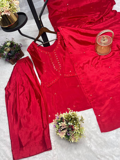 NEW ARRIVAL CHINON SILK EMBROIDERY SEQUENCE WORK Suit WITH DUPATTA RED