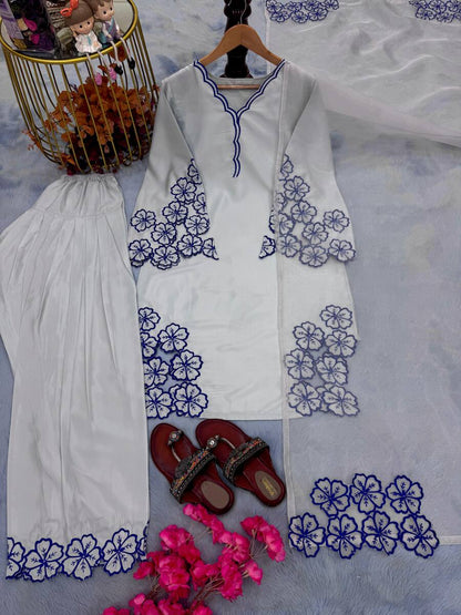 NEW ARRIVAL NATURAL CREPE EMBROIDERY AND CUT WORK TOP PATIYALA WITH DUPATTA CREPE