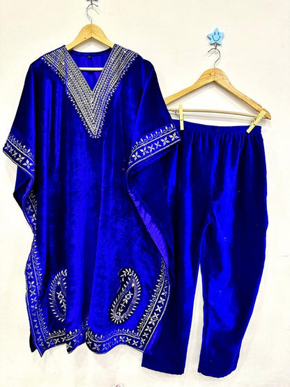 NEW ARRIVAL VELVET EMBROIDERY SEQUENCE WORK KAFTAN WITH PANT